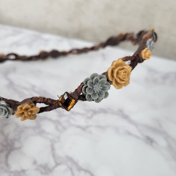 Brown Floral Headband Crown with Blue Flowers Hippie Boho Festival - Picture 7 of 10